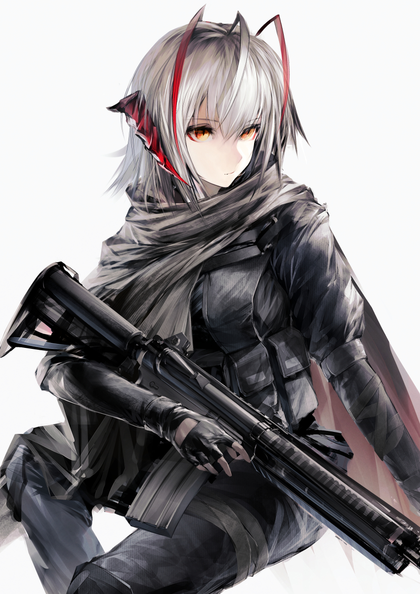 1girl, absurdres, ahoge, alternate_costume, arknights, assault_rifle, black_cape, black_pants