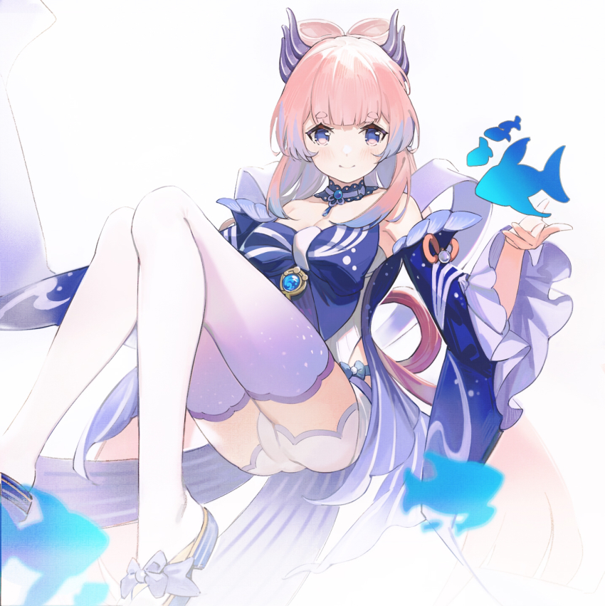 1girl, bow, bowtie, fish, frilled_sleeves, frills, full_body, genshin_impact