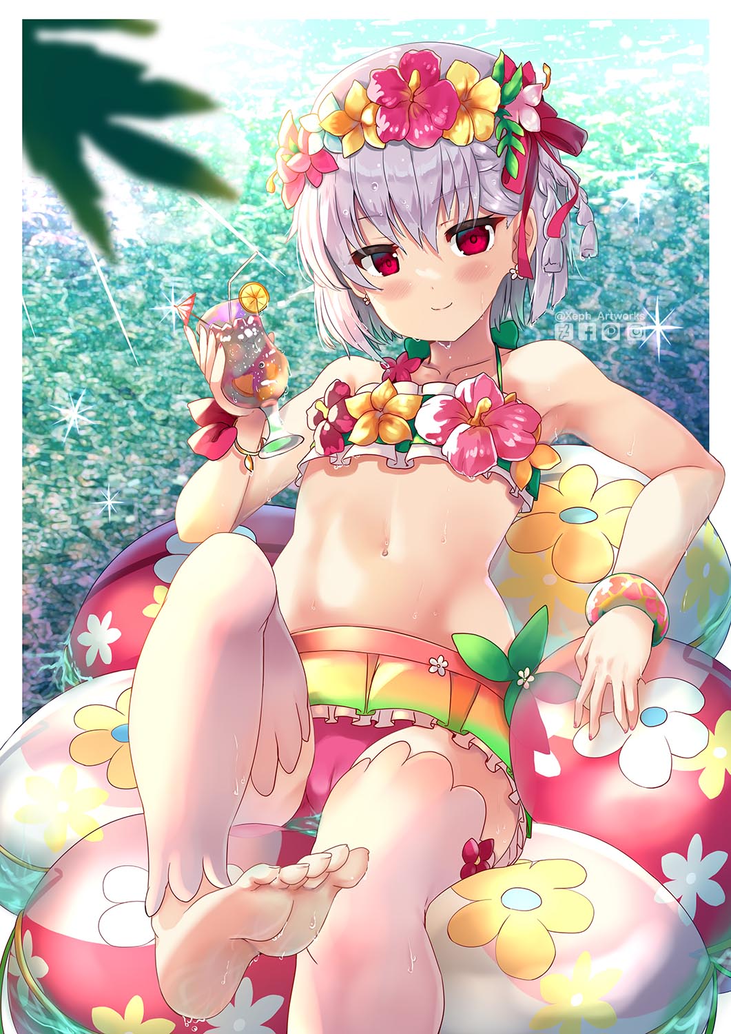 1girl, bare_shoulders, beach, bikini, blush, breasts, collarbone, cup