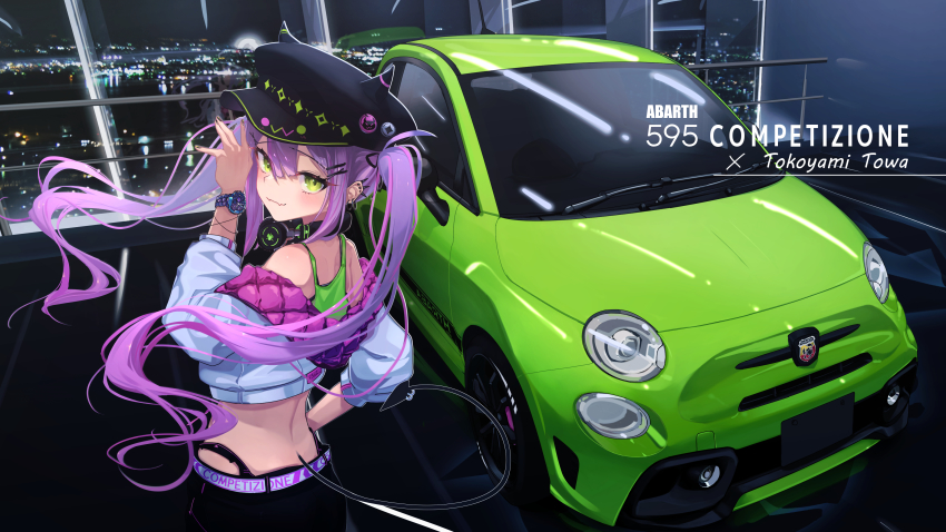 1girl, abarth, abarth_595, absurdres, bibi_(tokoyami_towa), black_headwear, blush, car