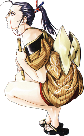 1girl, blue_hair, dark_blue_hair, feet, female_focus, flute, from_side, gensou_suikoden, gensou_suikoden_v, geta, glasses, instrument, japanese_clothes, kimono, legs, lowres, obi, ponytail, rania_(suikoden), ribbon, sandals, sash, short_kimono, solo, squatting, suikoden, thighs, toes, transparent_background