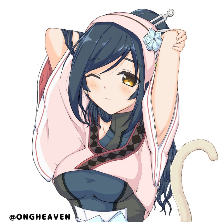 1girl, ainu_clothes, aquaplus, arm_grab, armpits, arms_behind_head, black_hair, blush