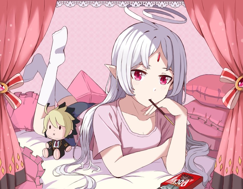1girl, ahoge, aruvian13, character_doll, commission, curtains, doll, feet_up, food, forehead_jewel, highres, kido_hyde, lying, on_stomach, pillow, pink_shirt, pink_theme, pocky, pointy_ears, red_eyes, shirt, socks, under_night_in-birth, vatista_(under_night_in-birth), white_hair