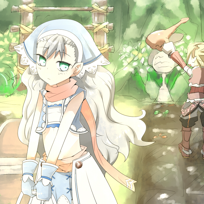 1boy, 1girl, blonde_hair, boots, gloves, green_eyes, karin_(rune_factory), mice_(rune_factory)