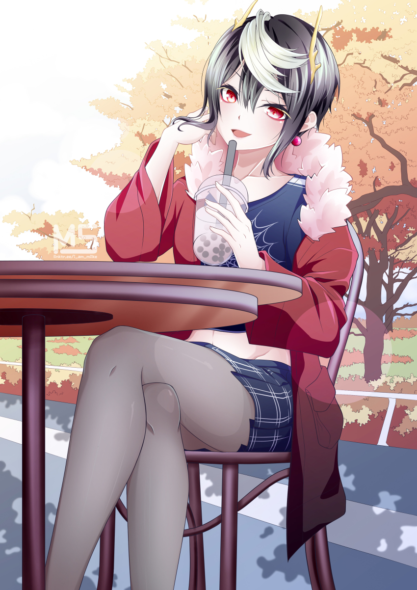 :d, absurdres, alternate_costume, ariel_(kumo_desu_ga_nani_ka?), autumn_leaves, black_hair, bubble_tea, casual