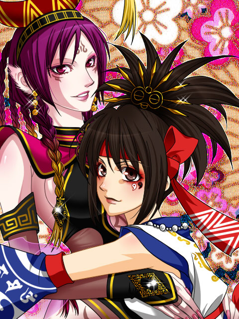 2girls, armlet, brown_eyes, brown_hair, colored_skin, da_ji, detached_sleeves, earrings, female_focus, hat, headband, headdress, himiko_(musou_orochi), jewelry, multiple_girls, musou_orochi, musou_orochi_2, peach-usa, pink_skin, purple_hair, red_eyes