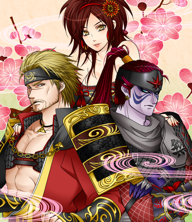 armor, bare_shoulders, blonde_hair, blue_eyes, brown_hair, chain, colored_skin, earrings