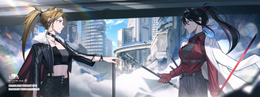 2girls, absurdres, ambience_synesthesia, arknights, artist_name, belt, black_choker, black_hair