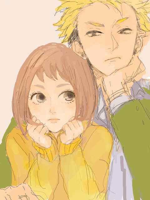 1boy, 1girl, amr, blonde_hair, brown_hair, closed_mouth, earrings, haikyuu!!