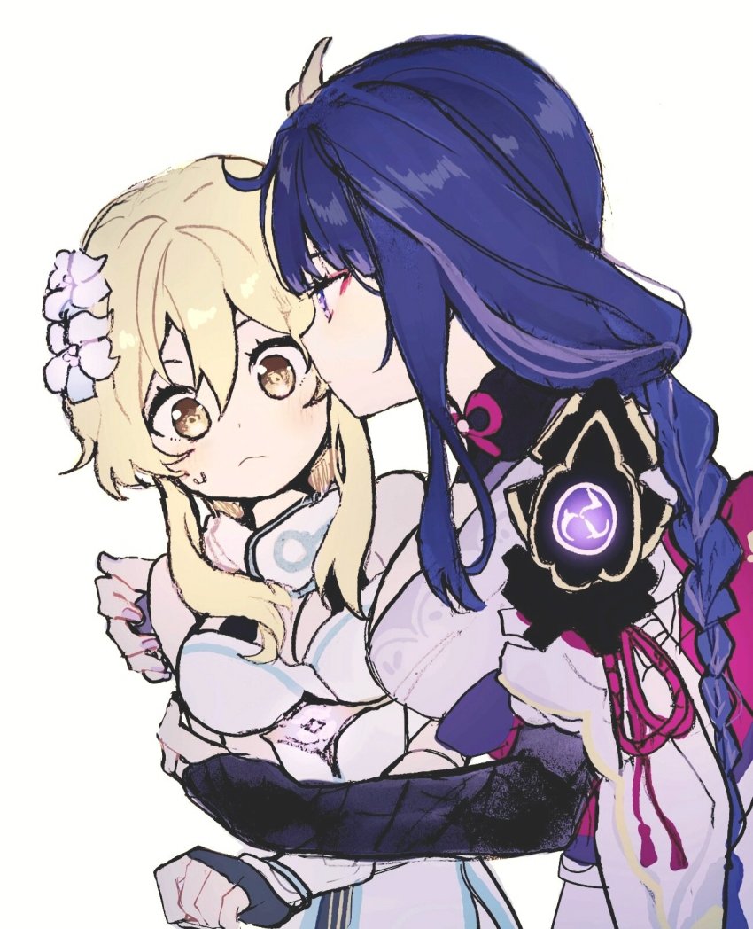 2girls, 5rwpvc, armor, blonde_hair, braid, breasts, bridal_gauntlets, cleavage, closed_mouth, dress, fingerless_gloves, flower, genshin_impact, gloves, hair_flower, hair_ornament, highres, japanese_clothes, kimono, long_hair, lumine_(genshin_impact), mitsudomoe_(shape), multiple_girls, nail_polish, obi, obiage, pink_nails, purple_eyes, purple_hair, purple_kimono, raiden_shogun, sash, short_hair_with_long_locks, shoulder_armor, single_braid, sweatdrop, tomoe_(symbol), vision_(genshin_impact), white_background, white_dress, white_flower, yellow_eyes, yuri