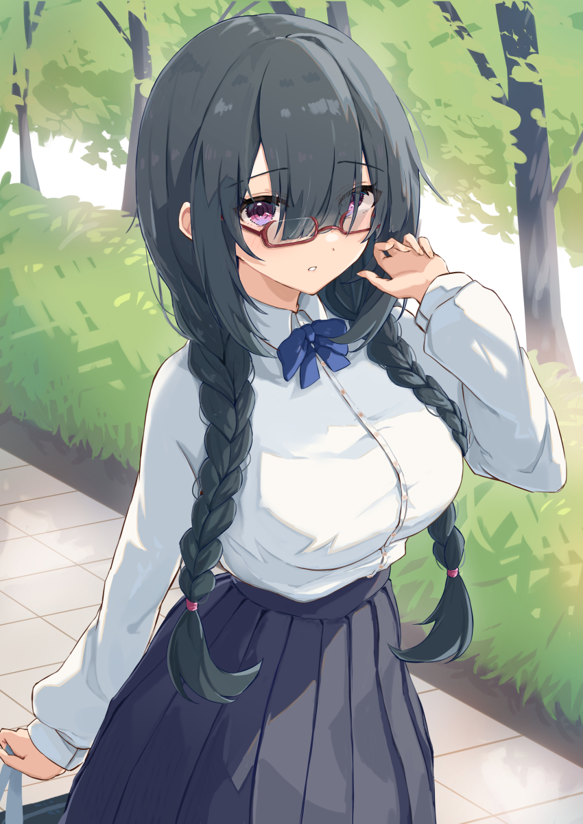 1girl, absurdres, amefukura_art, bag, black_hair, black_skirt, blouse, blue_bow