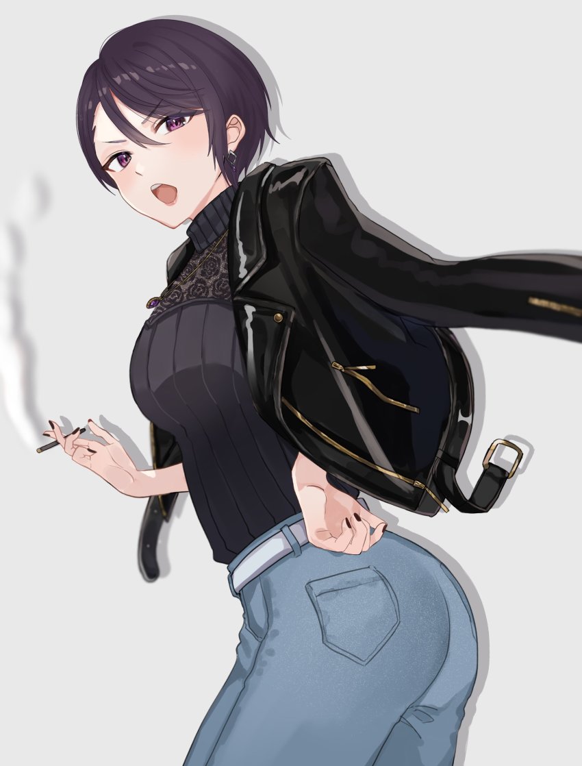 1girl, :o, absurdres, ass, belt, black_hair, black_jacket, black_nails, black_sweater, breasts, cigarette, denim, gundou_mirei, gundou_mirei_(5th_costume), highres, holding, holding_cigarette, iu_(iuiu1103), jacket, jeans, leaning_forward, leather, leather_jacket, looking_at_viewer, medium_breasts, nail_polish, nijisanji, open_mouth, pants, purple_eyes, short_hair, smoking, solo, sweater, v-shaped_eyebrows, virtual_youtuber, white_belt