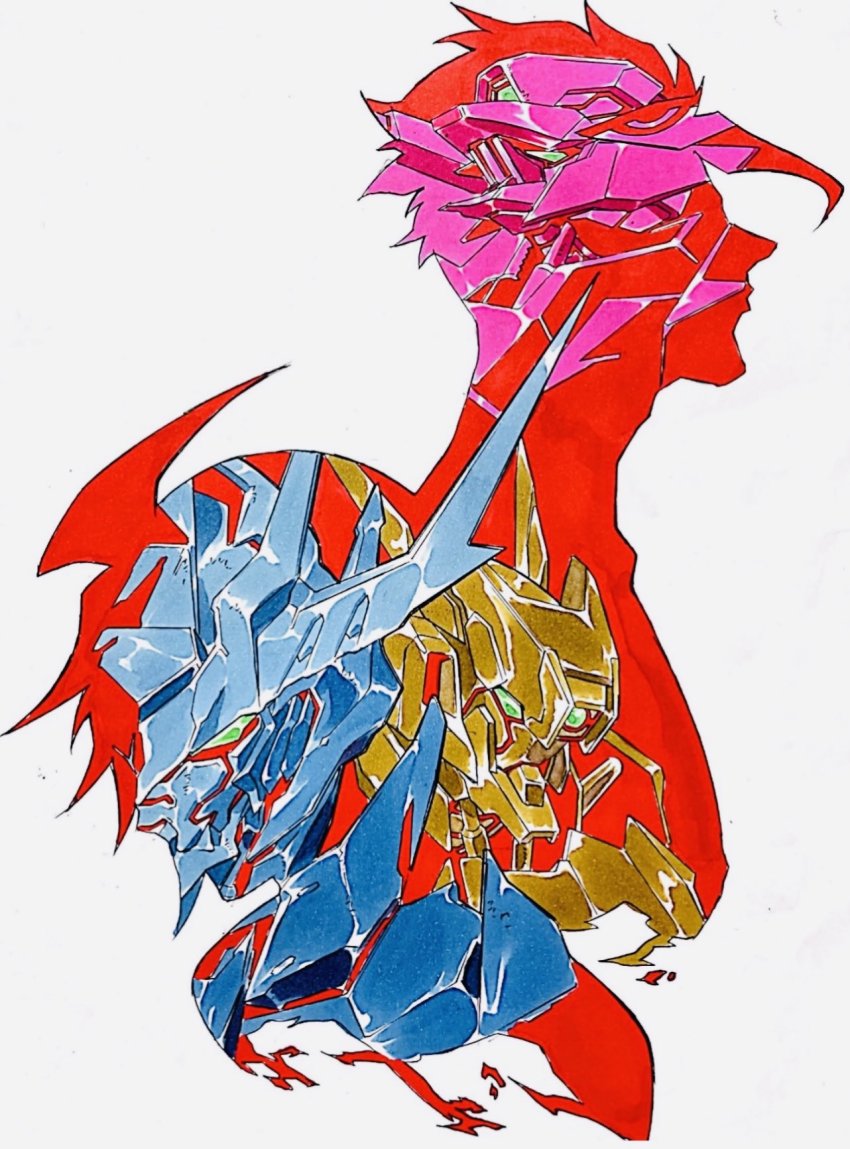 2boys, green_eyes, grey_background, gundam, gundam_barbatos, gundam_flauros, gundam_gusion_rebake, gundam_tekketsu_no_orphans, highres, looking_at_viewer, looking_down, looking_up, mecha, mikazuki_augus, mobile_suit, multiple_boys, oobari_masami, orga_itsuka, robot, science_fiction, silhouette, v-fin