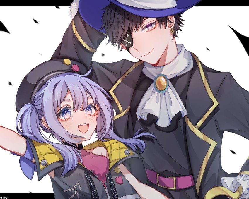 1boy, 1girl, belt, beret, black_headwear, black_jacket, blue_eyes, brown_hair