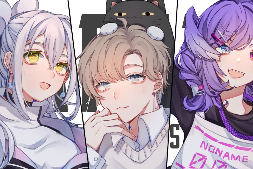 1boy, 2girls, :3, animal, animal_on_head, beige_sweater, black_sweater, blue_eyes