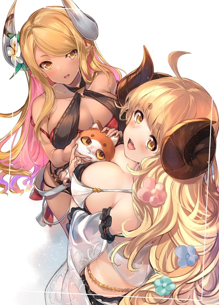 2girls, ahoge, anila_(granblue_fantasy), anila_(summer)_(granblue_fantasy), blonde_hair, blush, breasts, draph, gradient_hair, granblue_fantasy, highres, horns, kumbhira_(granblue_fantasy), kumbhira_(summer)_(granblue_fantasy), large_breasts, mayusaki_yuu, multicolored_hair, multiple_girls, owlcat, post_guild_war_celebration, sheep_horns