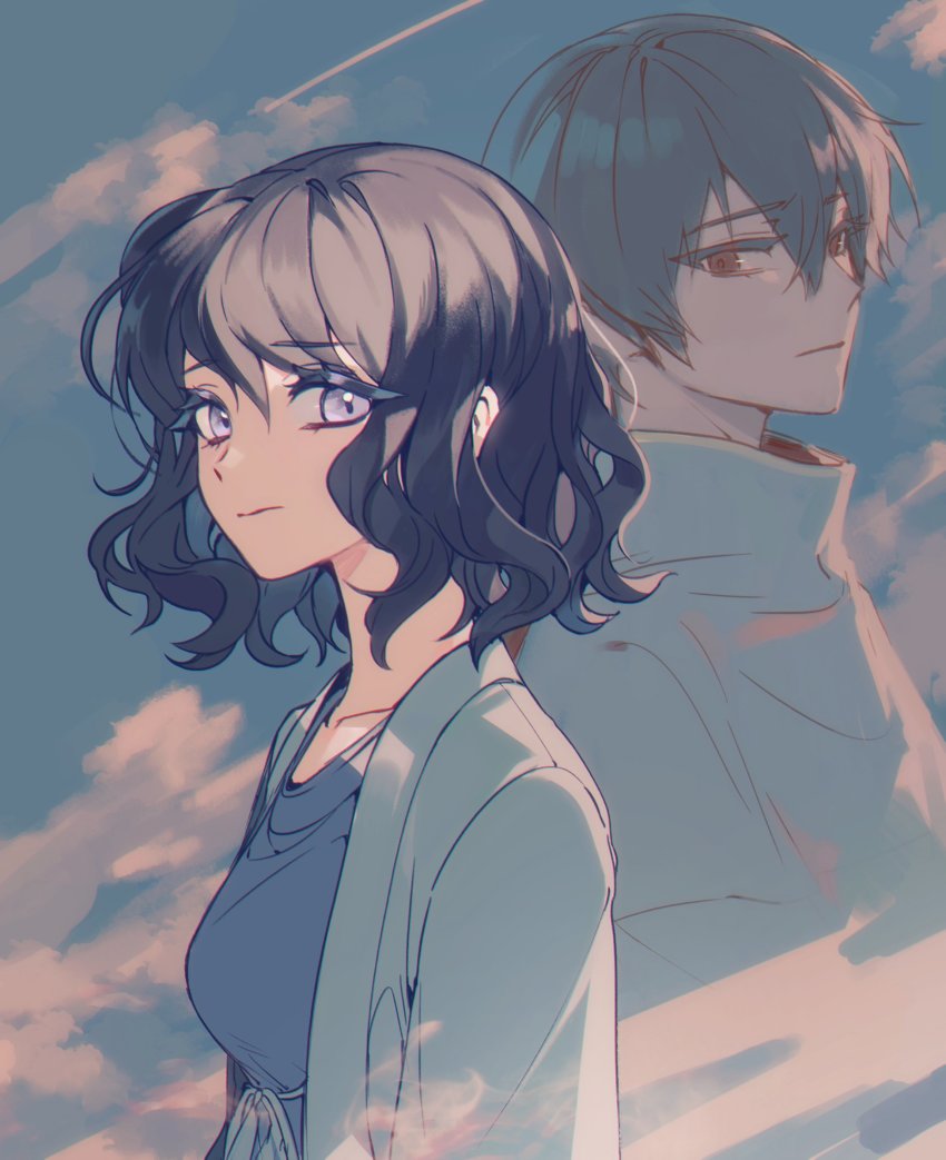 1boy, 1girl, absurdres, black_hair, closed_mouth, hajun_ff, highres, jabuchi_you, jacket, light_purple_hair, long_sleeves, open_clothes, open_jacket, purple_shirt, ribbon, saibou_shinkyoku, shirt, short_hair, sky, spoilers, white_jacket, white_ribbon, yanagi_nina