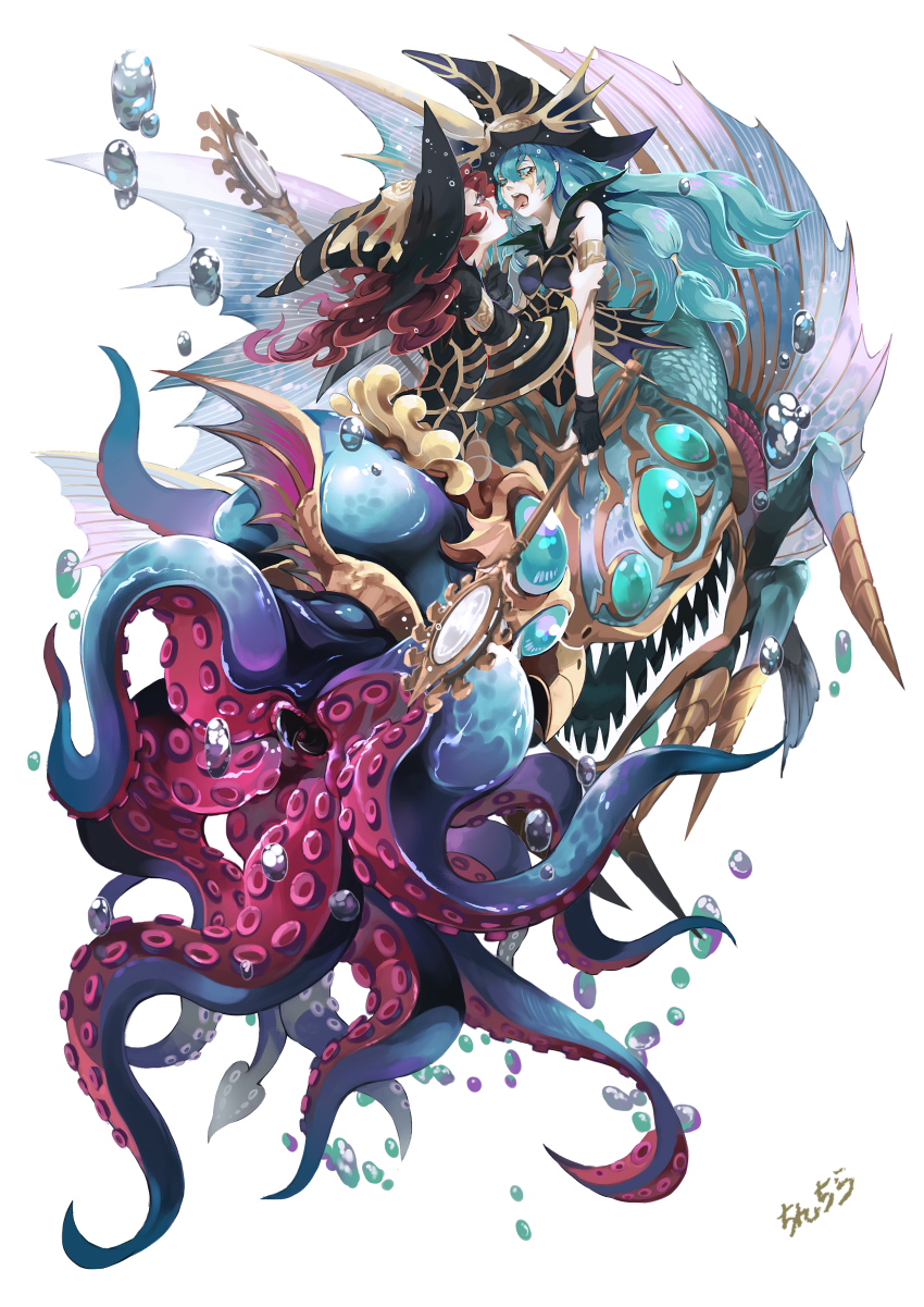 2girls, absurdres, air_bubble, ariel_(yu-gi-oh!), armlet, blue_eyes, blue_hair, bubble