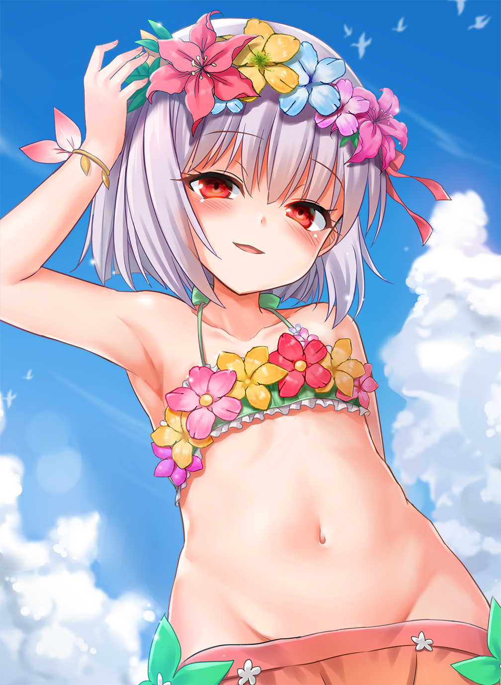 1girl, bare_shoulders, bikini, blue_sky, blush, breasts, collarbone, fate/grand_order, fate_(series), flower_wreath, green_bikini, hair_ribbon, head_wreath, highres, kama_(fate), kama_(first_ascension)_(fate), kama_(swimsuit_avenger)_(first_ascension)_(fate), kama_(young)_(fate), looking_at_viewer, milkshakework, miniskirt, open_mouth, rainbow_skirt, red_eyes, ribbon, short_hair, silver_hair, skirt, sky, small_breasts, smile, solo, swimsuit