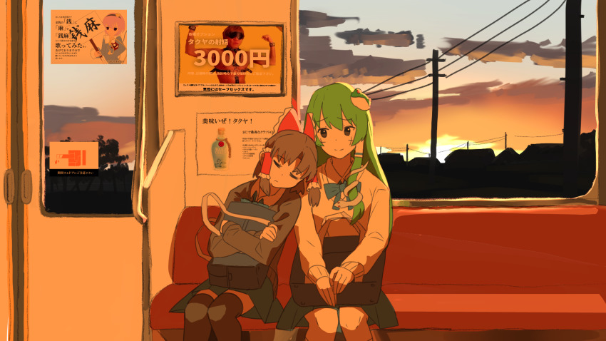 2girls, ad, bag, benikurage_(cookie), black_eyes, black_hairband, black_socks, blouse