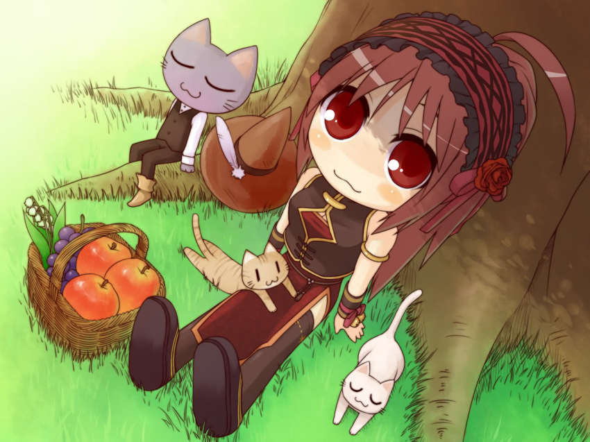 1girl, :3, against_tree, ahoge, apple, basket, bell, brown_hair