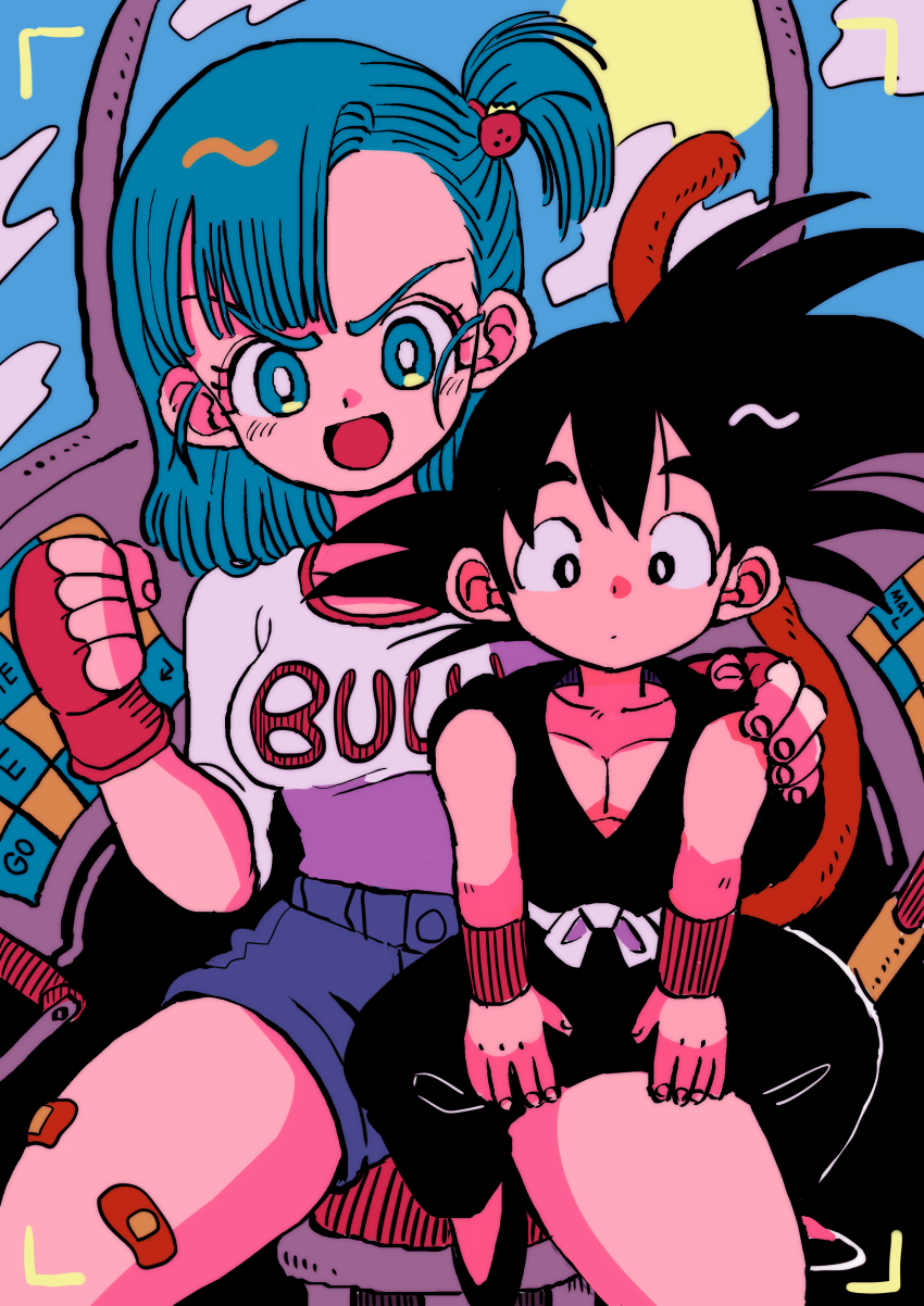 1boy, 1girl, absurdres, age_difference, aircraft, bandaid, bandaid_on_leg, black_eyes, black_footwear, black_hair, blue_eyes, blue_hair, blue_sky, breasts, brown_gloves, bulma, chair, character_name, child, clenched_hand, clothes_writing, cloud, cloudy_sky, day, denim, denim_shorts, dot_nose, dougi, dragon_ball, dragon_ball_(classic), expressionless, eyelashes, facing_viewer, fingerless_gloves, fingernails, food-themed_hair_ornament, frown, gloves, hair_ornament, hair_strand, hair_tie, hand_on_another's_shoulder, highres, kodama_(marugoto_omikan), large_breasts, light_blush, looking_at_viewer, medium_breasts, medium_hair, monkey_tail, on_chair, one_side_up, onee-shota, open_mouth, parted_lips, pectorals, shirt, shirt_tucked_in, shoes, short_shorts, shorts, side_ponytail, sitting, sitting_on_lap, sitting_on_person, sky, son_goku, spiked_hair, strawberry_hair_ornament, sun, swept_bangs, tail, thick_thighs, thighs, v-shaped_eyebrows, vehicle_interior, viewfinder, white_shirt, wristband