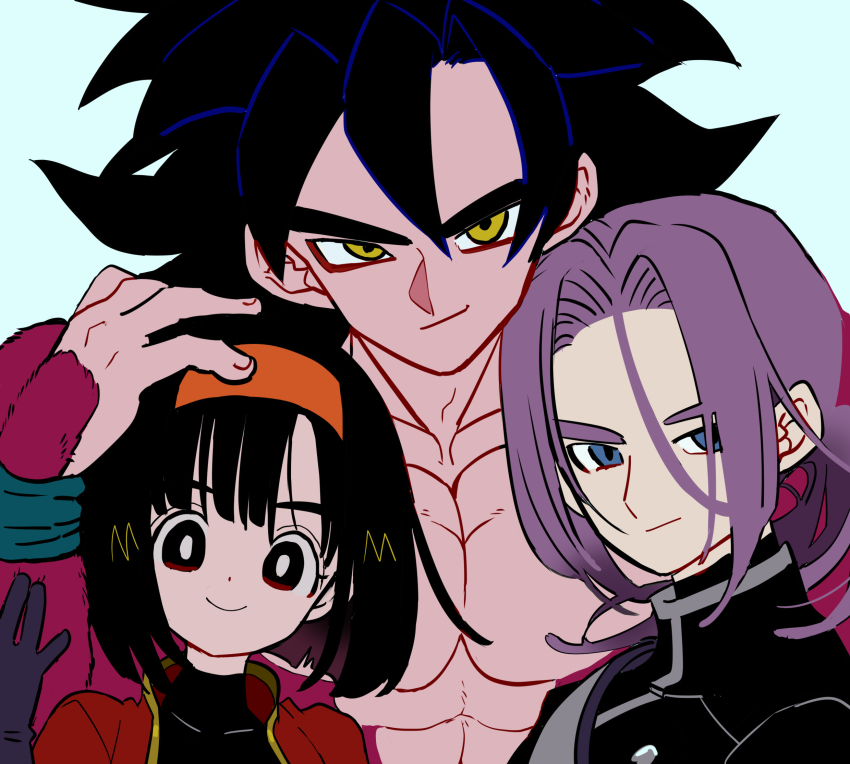 1girl, 2boys, abs, black_eyes, black_gloves, black_hair, black_jacket, blue_background, blue_eyes, body_fur, buttons, dot_nose, double-breasted, dragon_ball, dragon_ball_gt, dragon_ball_heroes, fingernails, gloves, grandfather_and_granddaughter, grin, hairband, hand_on_another's_head, hand_up, high_collar, highres, jacket, kodama_(marugoto_omikan), looking_at_viewer, low_ponytail, messy_hair, multiple_boys, muscular, muscular_male, orange_hairband, pan_(dragon_ball), pan_(xeno), pan_(xeno)_(dragon_ball), parted_bangs, pectorals, ponytail, purple_hair, red_jacket, short_hair, sideways_glance, simple_background, smile, son_goku, super_saiyan, super_saiyan_4, trunks_(dragon_ball), trunks_(future)_(dragon_ball), trunks_(future)_(xeno)_(dragon_ball), wristband, yellow_eyes