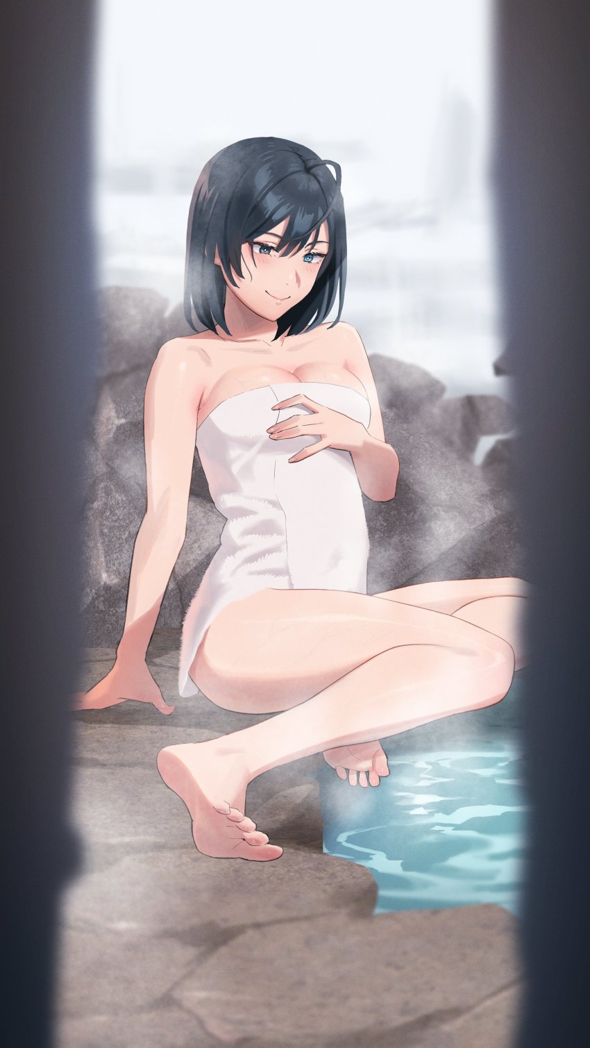 1girl, absurdres, ahoge, bare_arms, bare_legs, bare_shoulders, barefoot, black_eyes, black_hair, blue_eyes, blurry, blurry_background, blurry_foreground, blush, bob_cut, breasts, cleavage, closed_mouth, copyright_request, depth_of_field, fuuraiki_(series), fuuraiki_4, heterochromia, highres, medium_breasts, medium_hair, naked_towel, onsen, peeking, sitting, smile, soles, solo, towel, voyeur_pov, voyeurism, yokozuwari, yukiyoshi_mamizu