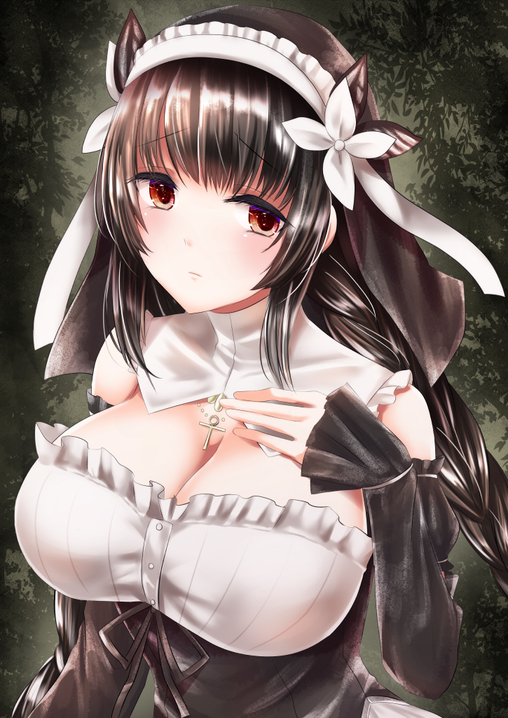 1girl, ankh, ankh_necklace, bare_shoulders, black_hair, blush, bow, braid