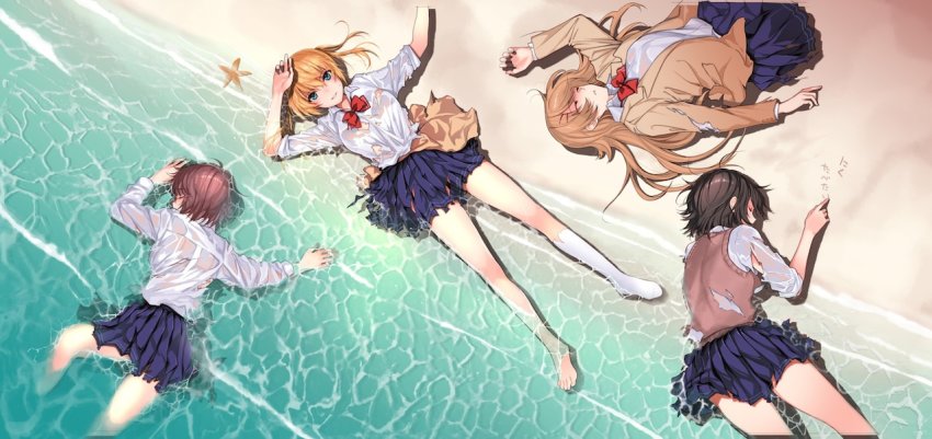 4girls, amatani_mutsu, asymmetrical_legwear, beach, blazer, blonde_hair, blue_eyes, bow