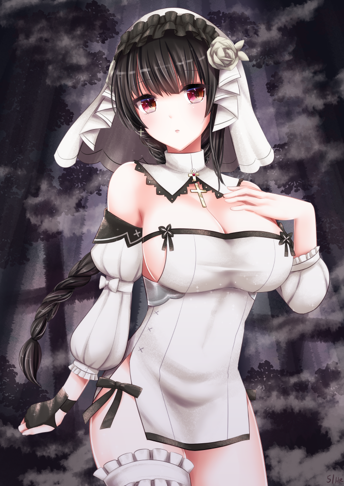 1girl, ankh, bare_shoulders, black_hair, blush, bow, braid, breasts