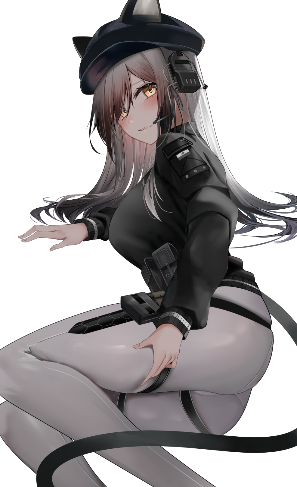 1girl, animal_ears, arknights, arm_support, ass, black_hair, black_headwear, black_sweater
