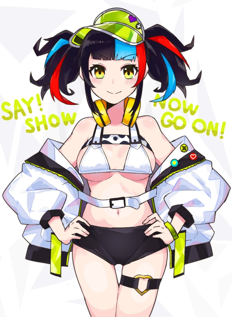 1girl, bikini, bikini_top_only, breasts, fate/grand_order, fate_(series), hands_on_own_hips, headphones