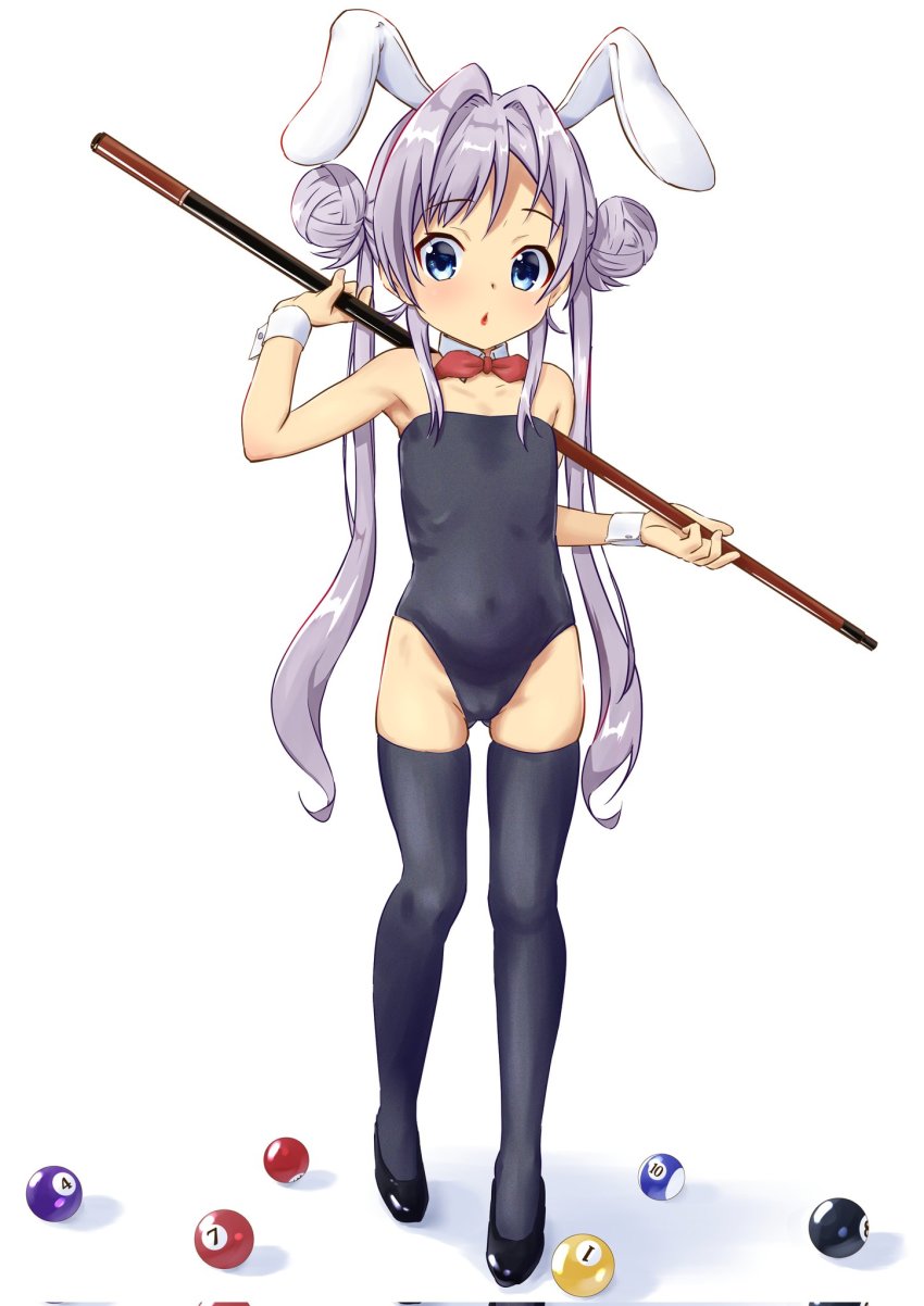 1girl, animal_ears, arm_up, armpits, ball, bare_shoulders, billiard_ball, black_leotard