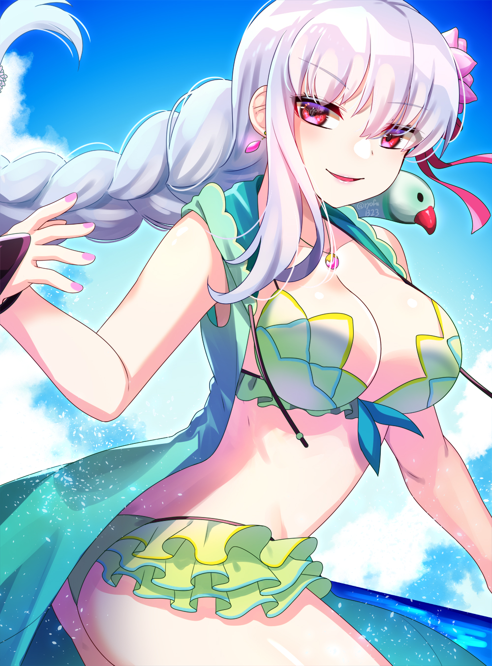 1girl, bare_shoulders, bikini, bird, blue_sky, blush, bracelet, braid
