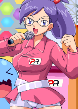 1girl, bike_shorts, blue_eyes, gen_2_pokemon, glasses, looking_at_viewer, lowres, microphone