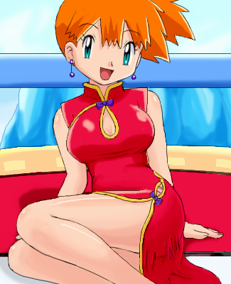 1girl, ass, breasts, chinese_clothes, dress, female_focus, green_eyes, looking_at_viewer, lowres, misty_(pokemon), nintendo, official_alternate_costume, orange_hair, pokemoa, pokemon, pokemon_(anime), pokemon_hoso_(anime), pokemon_hs01, qipao_dress, sitting, solo, tagme