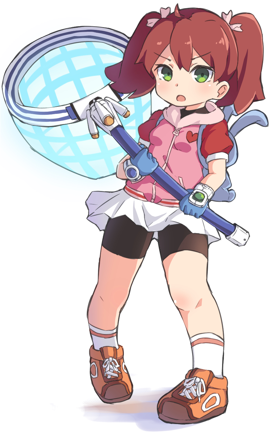 1girl, backpack, bag, bike_shorts, black_shorts, blue_gloves, breasts, brown_hair, brown_shoes, full_body, gloves, green_eyes, highres, jacket, kei_15, long_hair, miniskirt, net, open_mouth, pink_jacket, ribbon, saru_getchu, sayaka_(saru_getchu), serious, shoes, short_sleeves, shorts, shorts_under_skirt, simple_background, skirt, small_breasts, sneakers, socks, solo, twintails, white_background, white_skirt