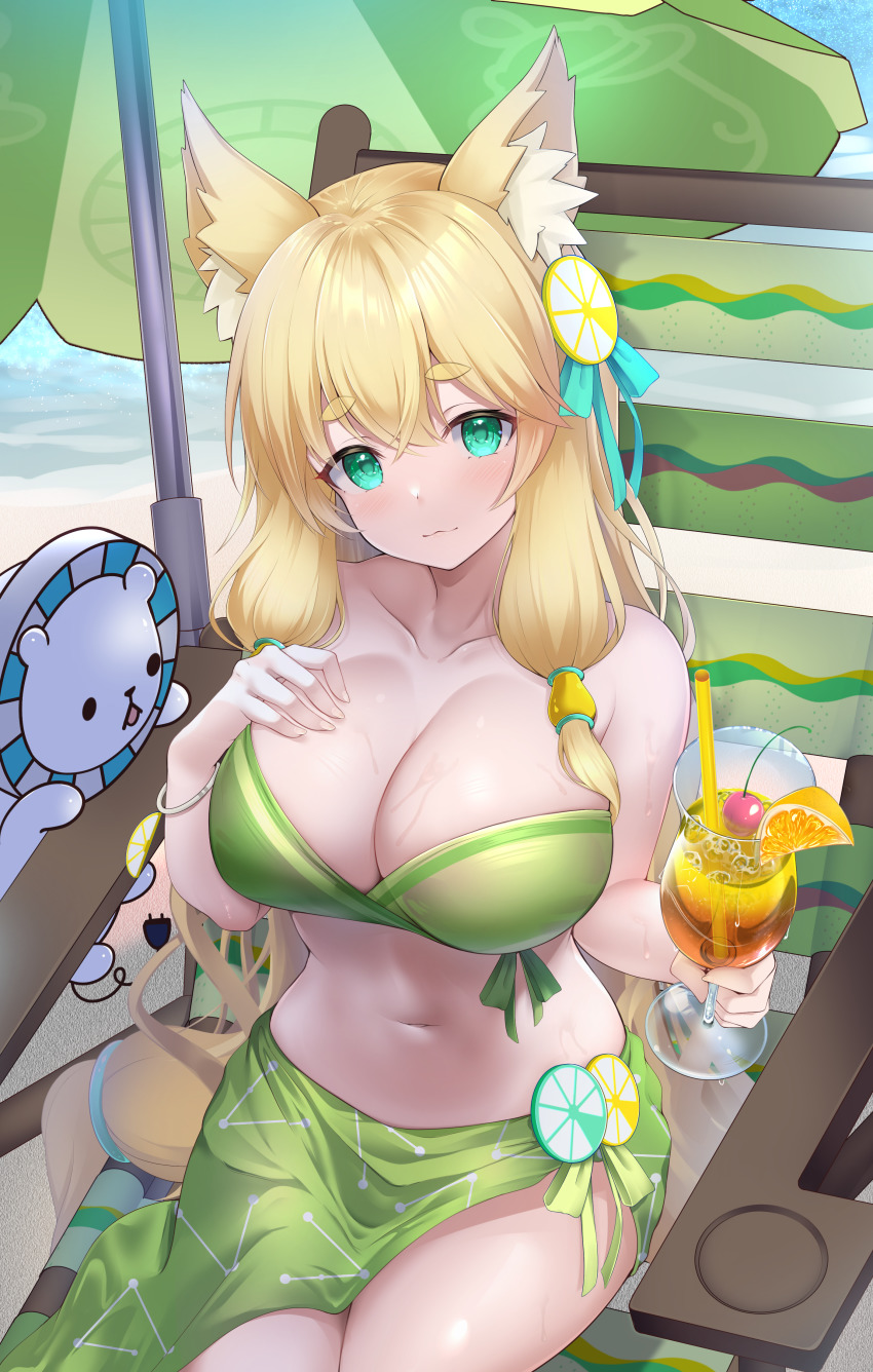 1girl, :3, absurdres, animal_ear_fluff, animal_ears, argentum_2o, bare_shoulders, beach