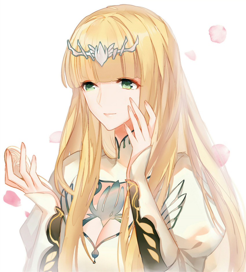 blonde_hair, blunt_bangs, breasts, calca_bessarez, cleavage, dress, green_eyes, highres