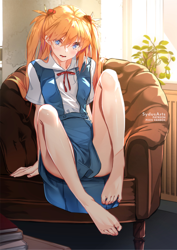 1girl, artist_name, ass, backlighting, bare_legs, barefoot, blue_eyes, blue_skirt, chair, couch, feet, feet_on_chair, full_body, hair_between_eyes, legs, long_hair, looking_at_viewer, neon_genesis_evangelion, on_couch, open_mouth, orange_hair, red_neckwear, red_ribbon, ribbon, school_uniform, shiny_skin, short_sleeves, sitting, skirt, solo, souryuu_asuka_langley, suspender_skirt, suspenders, sydus, toenails, toes, tokyo-3_middle_school_uniform