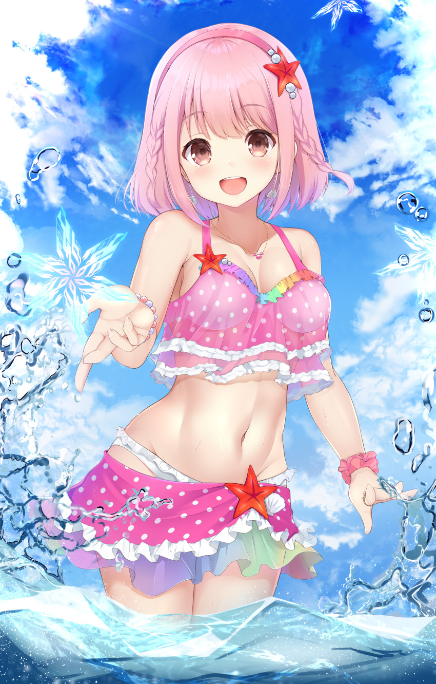 1girl, :d, absurdres, argentum_2o, bare_shoulders, bikini, blue_sky, blunt_bangs