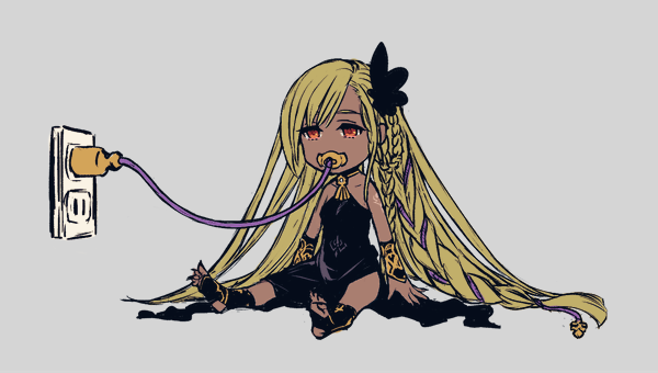 01rosso, 1girl, bad_id, bad_pixiv_id, bare_shoulders, black_dress, black_nails, blonde_hair, braid, charging_device, dark-skinned_female, dark_skin, dress, electric_plug, electrical_outlet, granblue_fantasy, hair_ornament, helel_ben_shalem, long_hair, long_toenails, nail_polish, pacifier, red_eyes, sitting, solo, tattoo, toenails, very_long_hair