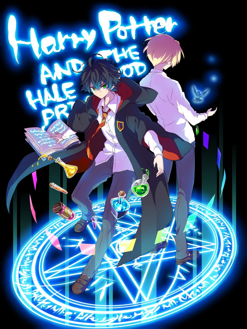 2boys, absurdres, animification, back-to-back, black_hair, black_robe, blonde_hair, book, draco_malfoy, flask, glasses, green_eyes, gryffindor, harry_potter, harry_potter_(series), harry_potter_and_the_half-blood_prince, highres, hogwarts_school_uniform, kapirusu, magic_circle, multiple_boys, necktie, on_magic_circle, open_book, potion, robe, school_uniform, short_hair, standing, standing_on_magic_circle, striped_clothes, striped_necktie, striped_neckwear, wizarding_world