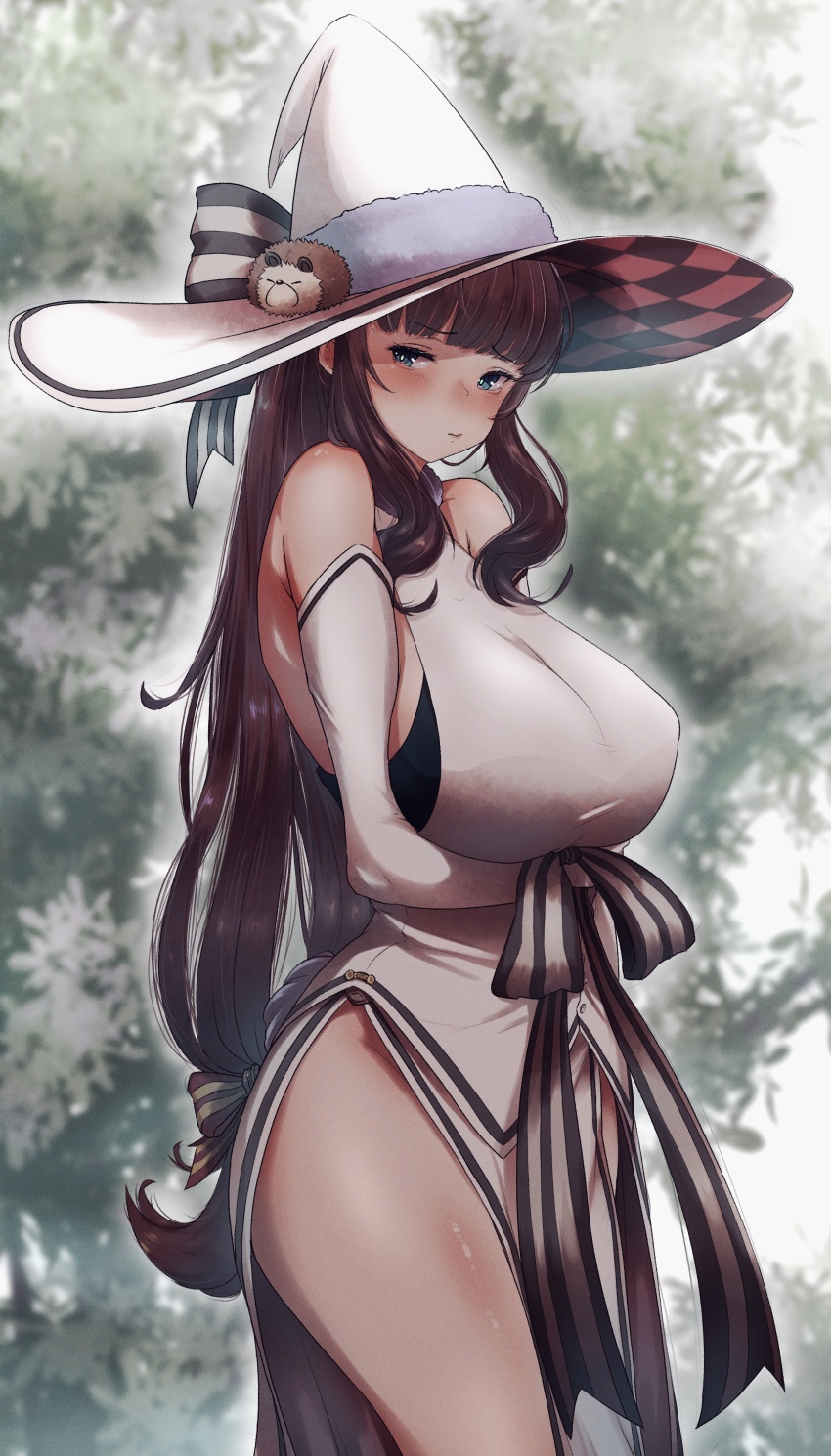 1girl, absurdres, bare_shoulders, blue_eyes, blush, breasts, commentary_request, cosplay, costume, covered_erect_nipples, dress, elbow_gloves, embarrassed, gloves, hat, highres, kirara_fantasia, large_breasts, long_hair, looking_to_the_side, new_game!, purple_hair, r-man, see-through_clothes, solo, takimoto_hifumi, tree, white_dress, white_gloves, witch, witch_hat, wizard_(ragnarok_online)