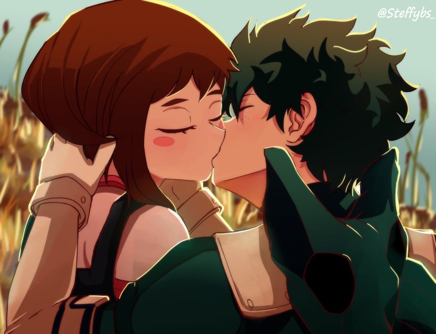 1boy, 1girl, blush, boku_no_hero_academia, brown_hair, couple, closed_eyes, field, green_hair, hand_on_another's_head, hetero, highres, kiss, midoriya_izuku, steffybs, uraraka_ochako