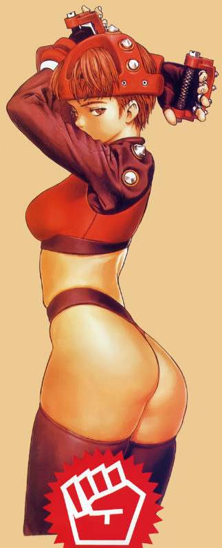 1990s_(style), 1girl, arms_up, ass, atlus, beige_background, black_thighhighs, brass_knuckles, breasts, brown_background, brown_eyes, brown_hair, cropped_legs, fingerless_gloves, gloves, gouketsuji_ichizoku, half-closed_eyes, hananokouji_kurara, helmet, large_breasts, long_sleeves, looking_at_viewer, murata_range, official_art, retro_artstyle, sega, short_hair, sideboob, simple_background, solo, super_kurara, thighhighs, thong, weapon