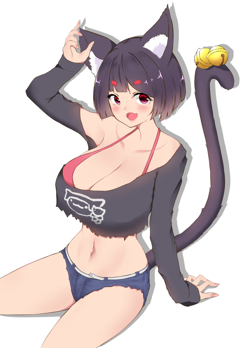 1girl, absurdres, animal_ear_fluff, animal_ears, ayuko_(mochiayuko), azur_lane, bell, black_hair, bra, breasts, cat_ears, cat_girl, cat_tail, cleavage, fang, highres, huge_breasts, mismatched_eyebrows, nail_polish, official_alternate_costume, open_mouth, pink_nails, red_bra, red_eyes, shirt, short_hair, shorts, simple_background, single_bare_shoulder, sitting, skin_fang, solo, tail, tail_bell, tail_ornament, torn_clothes, torn_shirt, torn_shorts, underwear, white_background, yamashiro_(azur_lane), yamashiro_(vacation_offensive!)_(azur_lane)