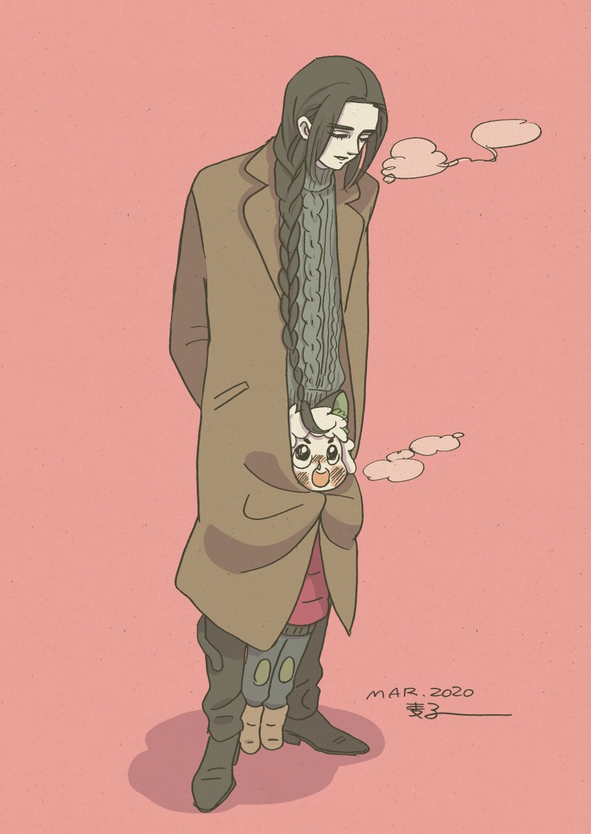 2boys, absurdres, black_footwear, black_hair, boots, braid, braided_ponytail, brown_coat, brown_footwear, closed_eyes, coat, dated, grey_sweater, highres, long_hair, luo_xiaohei, luo_xiaohei_(human), luo_xiaohei_zhanji, mugi-co, multiple_boys, open_mouth, pink_background, shared_clothes, shared_coat, simple_background, single_braid, sweater, wuxian_(the_legend_of_luo_xiaohei)