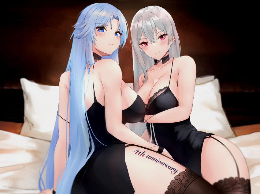 2girls, absurdres, adapted_costume, alternate_costume, azur_lane, babydoll, bad_id, bad_pixiv_id, black_babydoll, black_camisole, black_nightgown, blue_eyes, blue_hair, breasts, camisole, cleavage, garter_straps, highres, indoors, lace-trimmed_collar, lace_trim, large_breasts, long_hair, looking_at_viewer, looking_back, multiple_girls, nightgown, noraneri, official_alternate_costume, on_bed, pillow, red_eyes, silver_hair, sleepwear, sleeveless, sovetskaya_belorussiya_(azur_lane), sovetskaya_belorussiya_(relaxation_stratagem)_(azur_lane), sovetskaya_rossiya_(azur_lane), thighhighs, very_long_hair